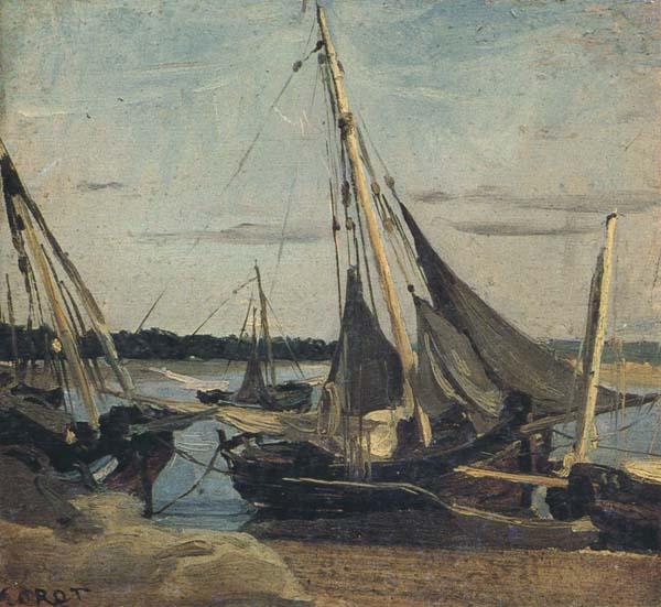 camille corot Trouville Fishing Boats Stranded in the Channel (mk40) oil painting picture